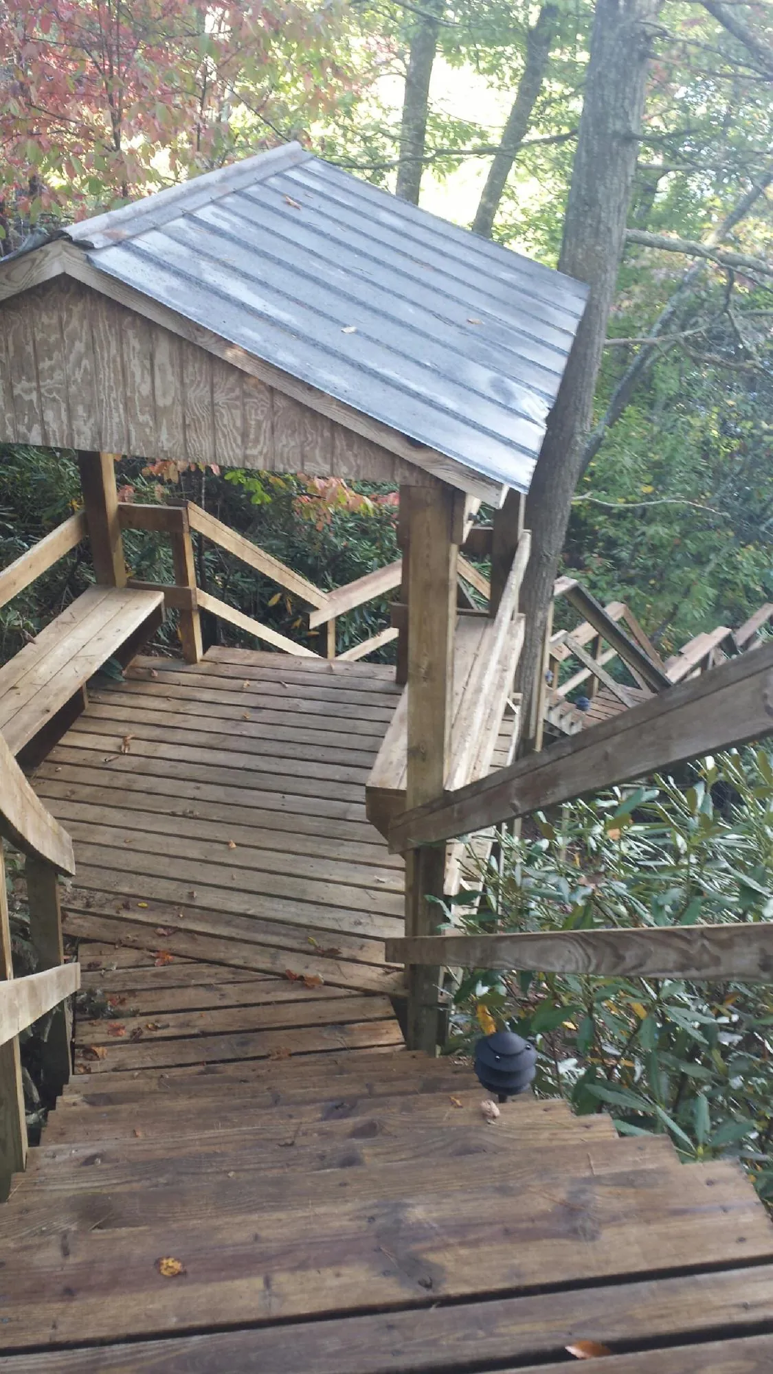 Metal roofed shelter over wooden steps on a wooded walkway — Skylight Repair & Installation work by our crew in Orefield